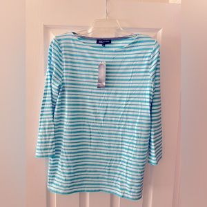 White and teal striped tee and cropped sleeves. New with tags.